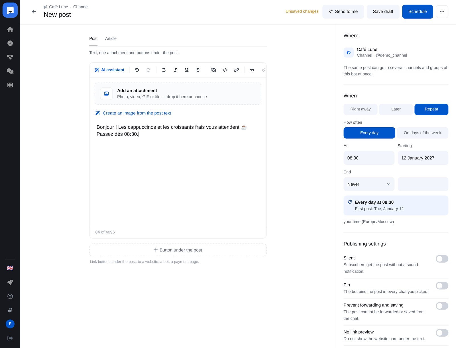 Publication récurrente dans ETOCHATBOT : chaque jour à 08:30, date de début et date de fin