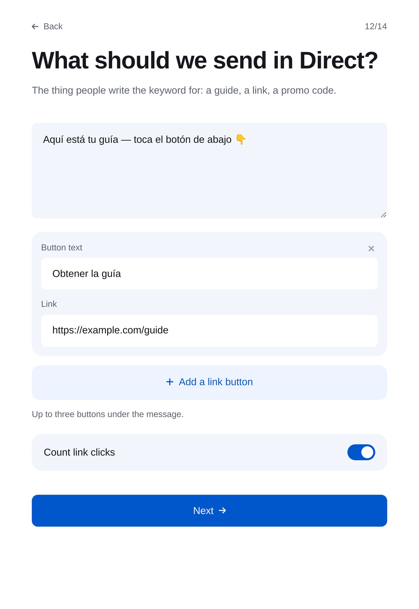 Asistente de ETOCHATBOT: mensaje directo y botón «Get the guide»