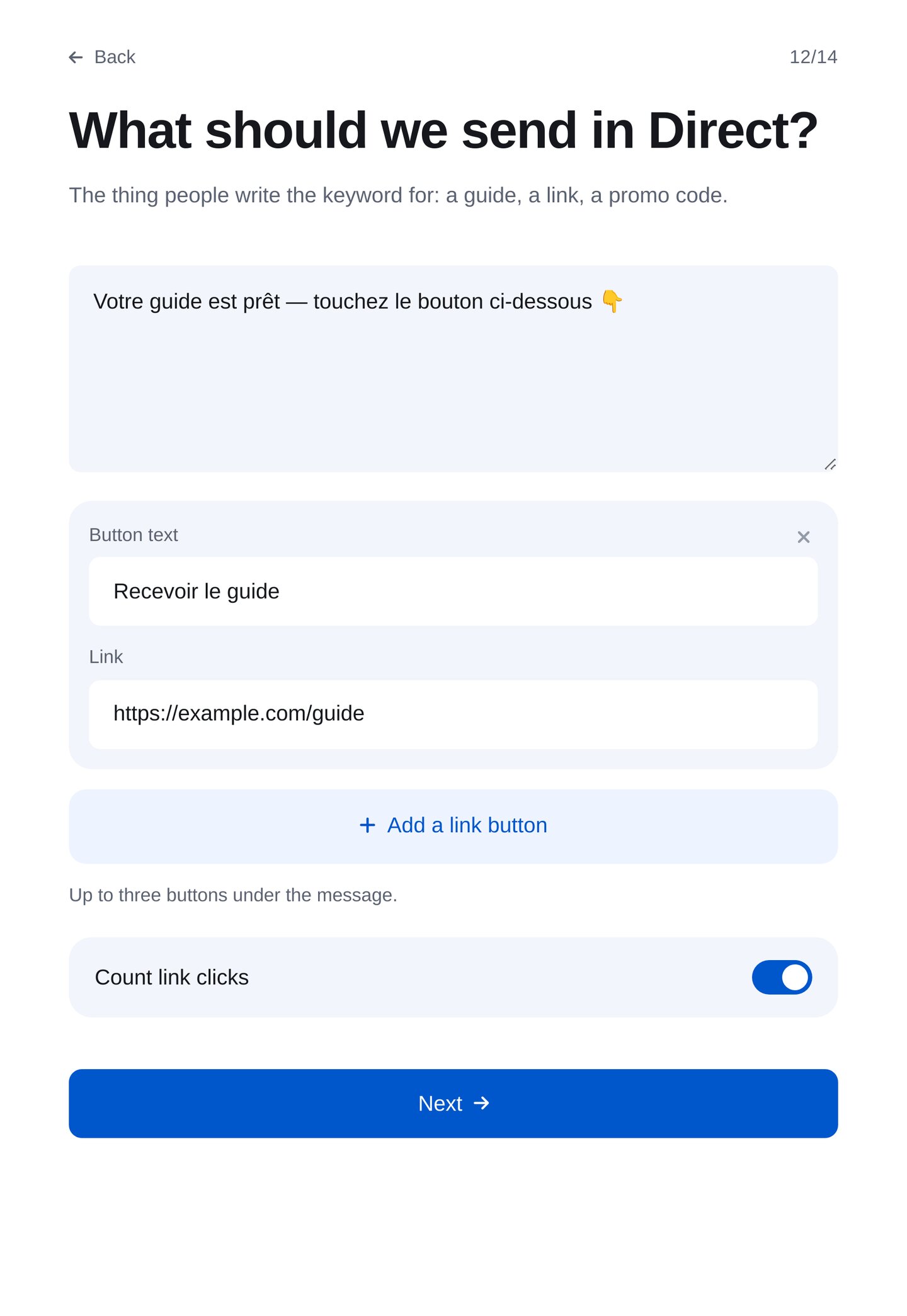 Assistant ETOCHATBOT : message privé et bouton « Get the guide »