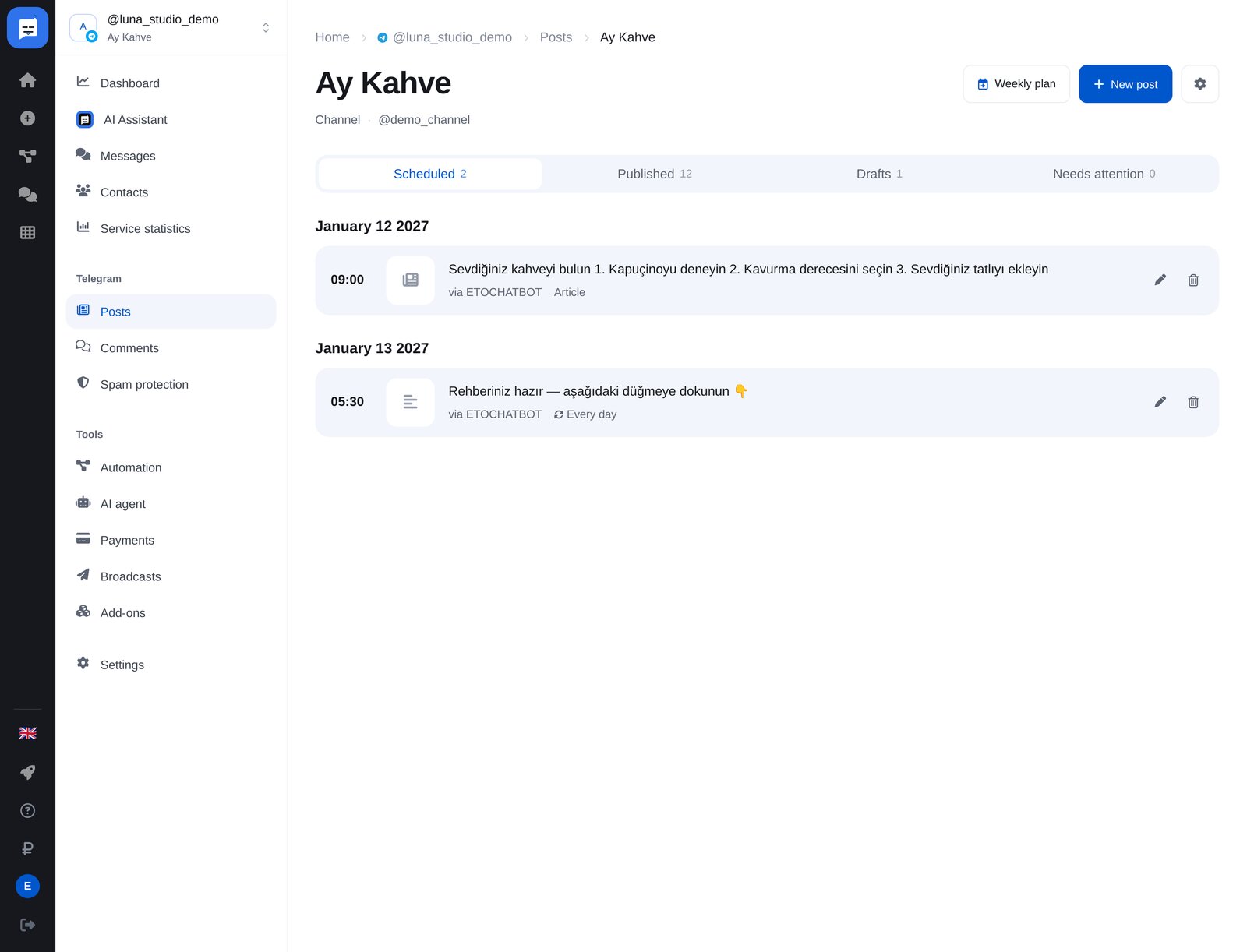 ETOCHATBOT “Posts” bölümünde kanal sayfası: tarihe göre zamanlı gönderiler, “Every day” gönderisi ve makale