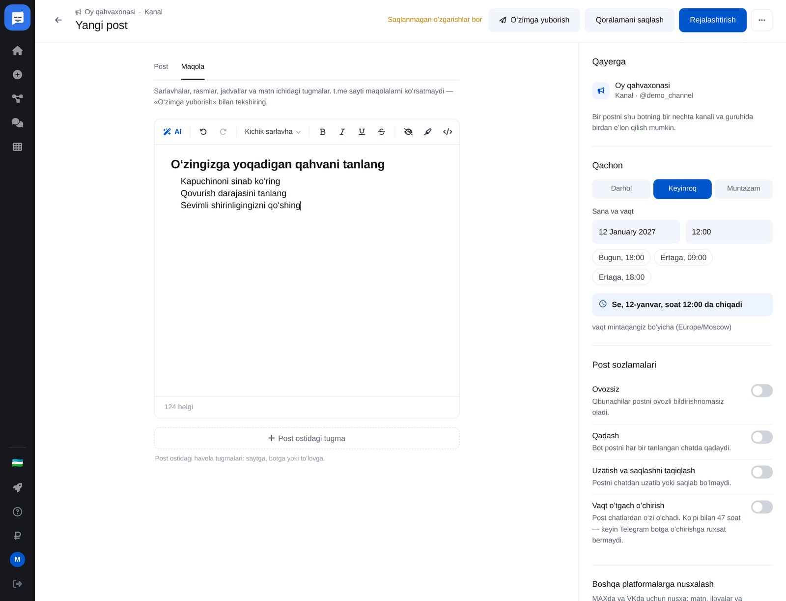 ETOCHATBOTda Telegram maqola muharriri: sarlavha va raqamlangan roʻyxat, oʻngda joylash sanasi va vaqtini tanlash