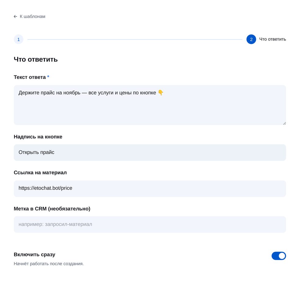 Текст и кнопка — экран настройки в ЭТОЧАТБОТ