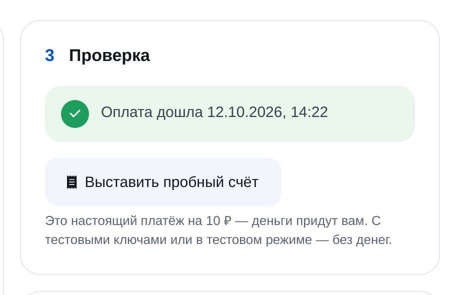 Проверка подключения в ЭТОЧАТБОТ: «Оплата дошла» после пробного счёта на 10 рублей