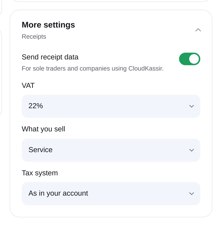 CloudPayments-Kassenbelege in ETOCHATBOT: Umsatzsteuersatz, Artikelart und russisches Steuersystem
