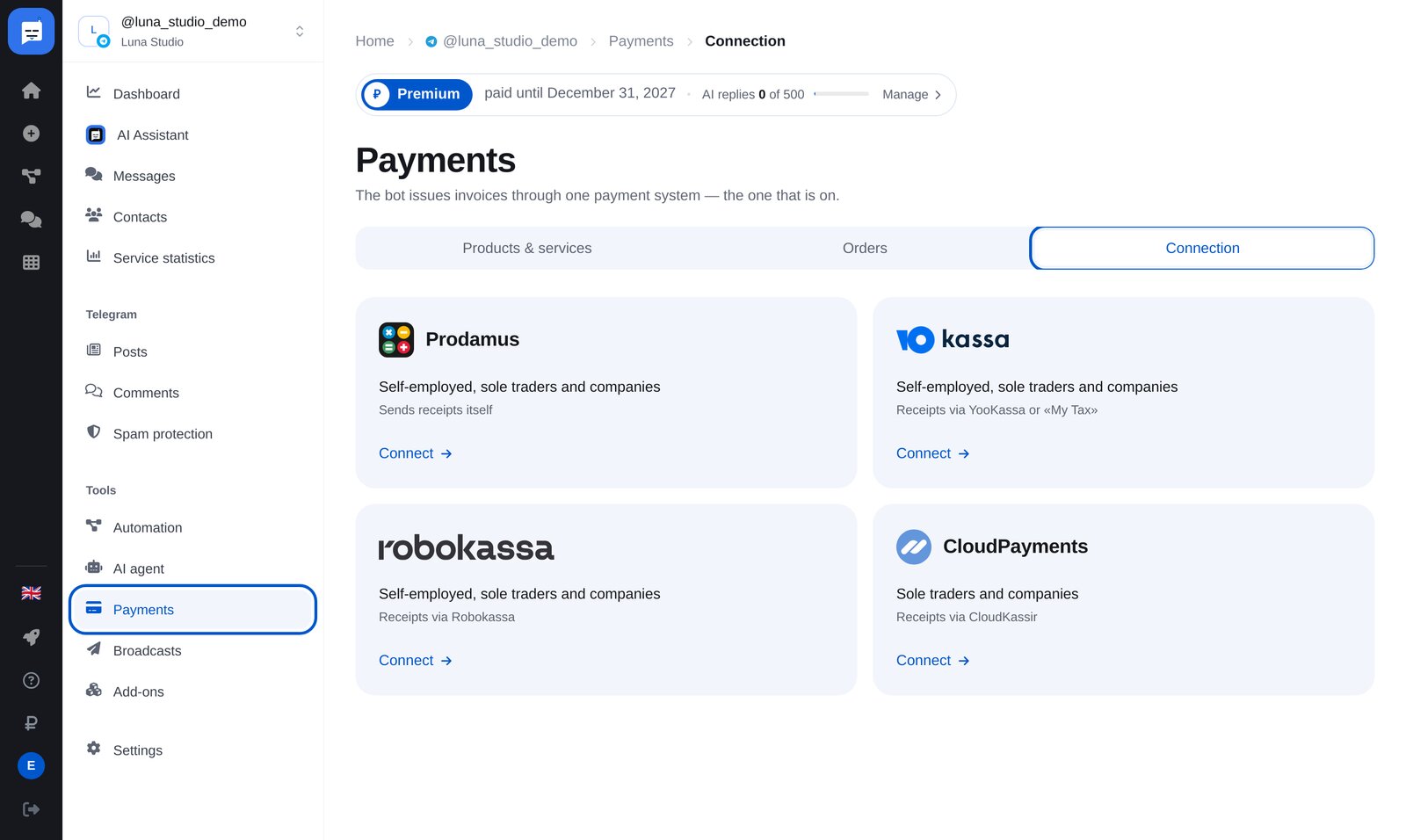ETOCHATBOT-Bereich „Payments“: Tab „Connection“ und Karten für Prodamus, YooKassa, Robokassa und CloudPayments