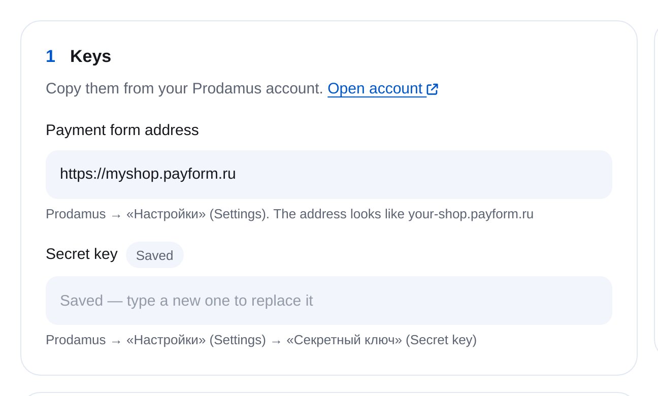 Prodamus keys in ETOCHATBOT: payment form address and secret key