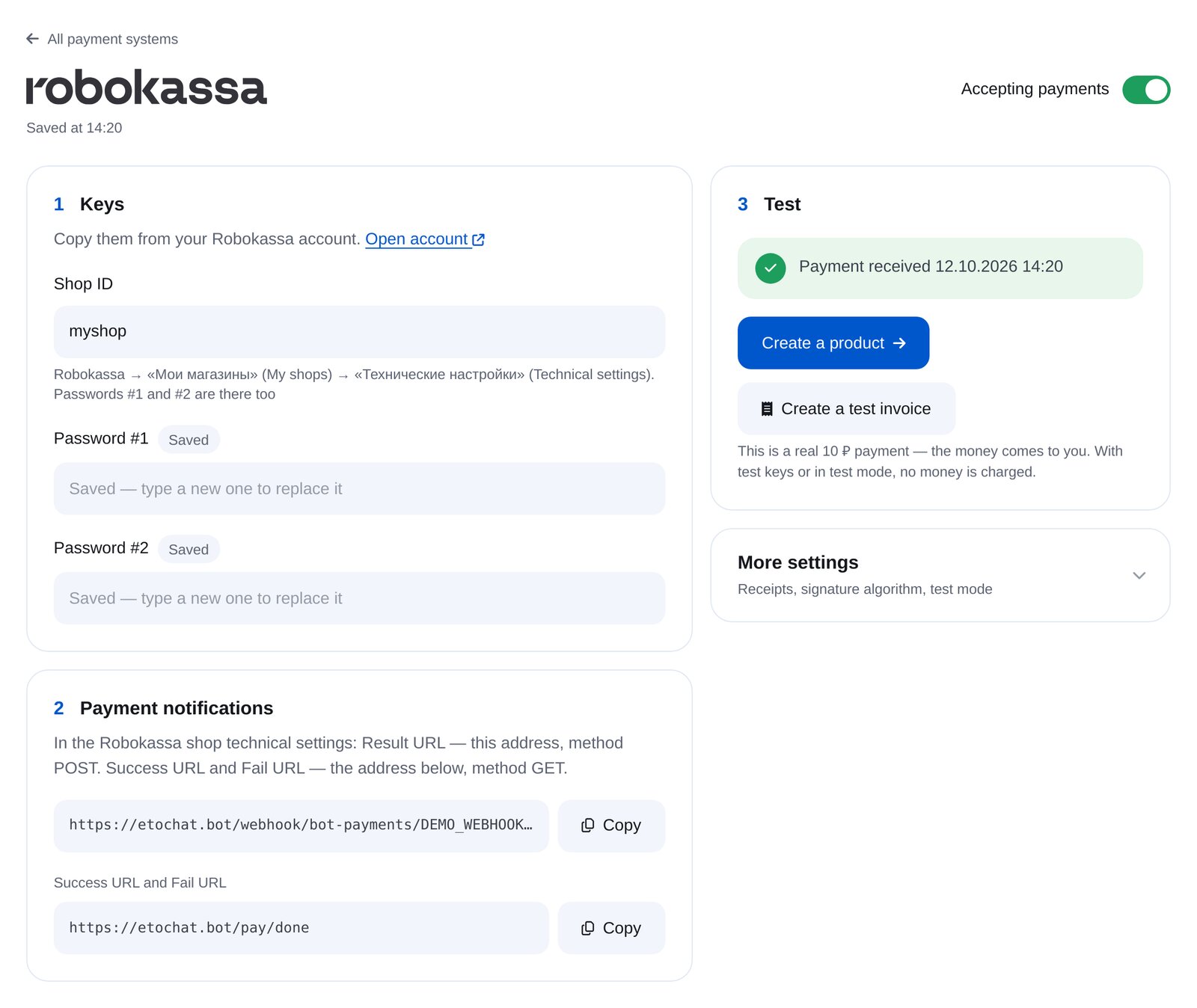 Connect Robokassa in ETOCHATBOT: shop ID, passwords, notification address and test payment
