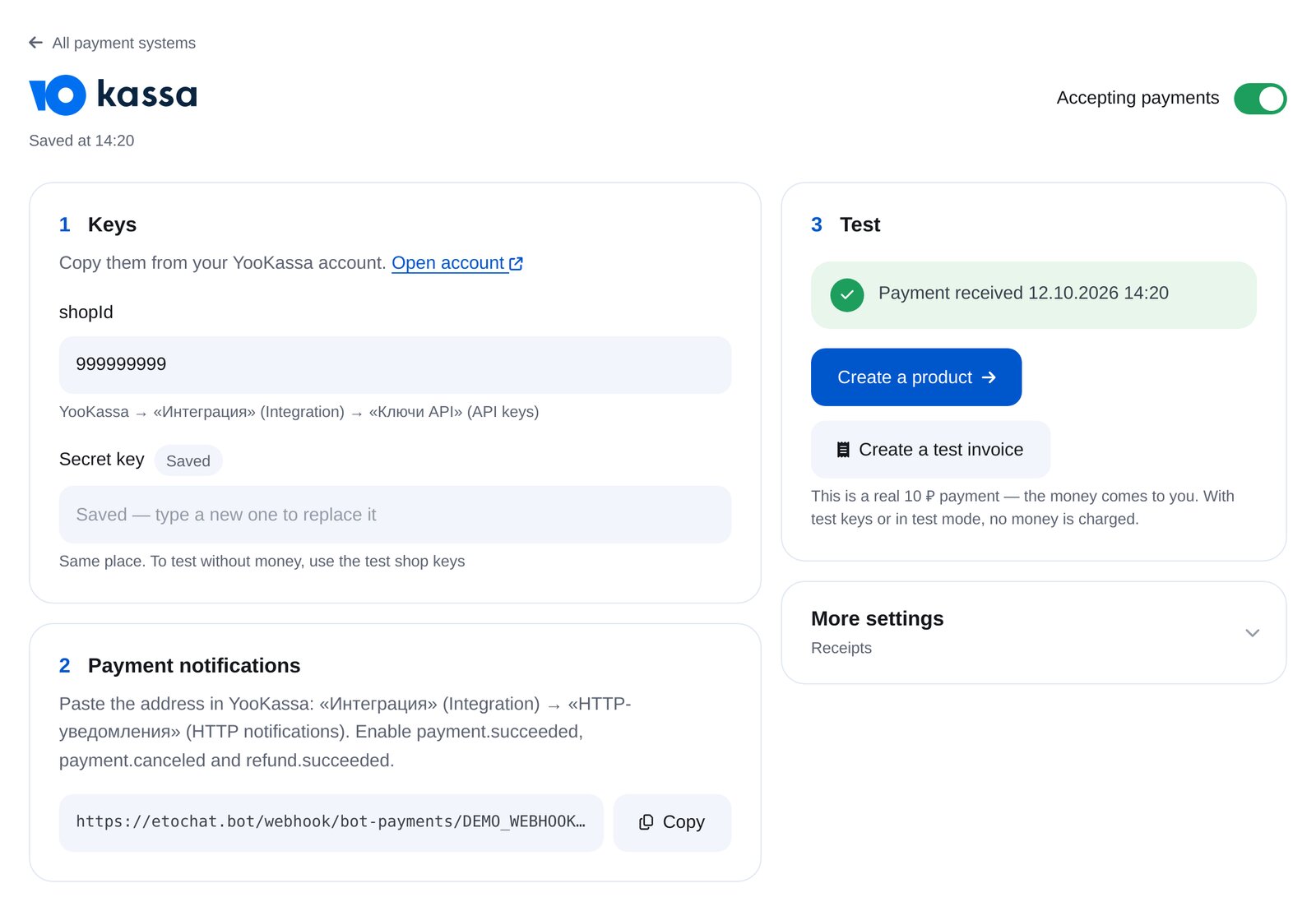YooKassa-Anbindung in ETOCHATBOT: shopId, geheimer Schlüssel, Benachrichtigungsadresse und Testzahlung