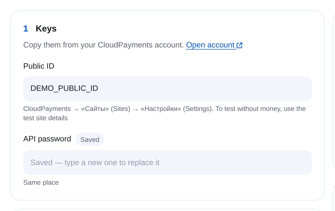 Datos de CloudPayments en ETOCHATBOT: Public ID y contraseña de API