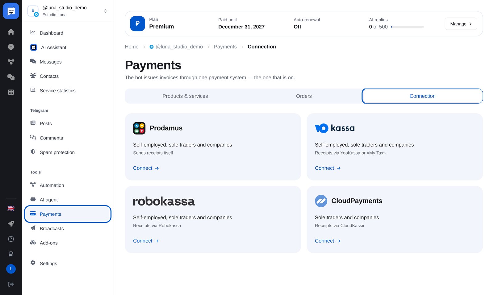 «Payments» en ETOCHATBOT: «Configuración» y proveedores de pago