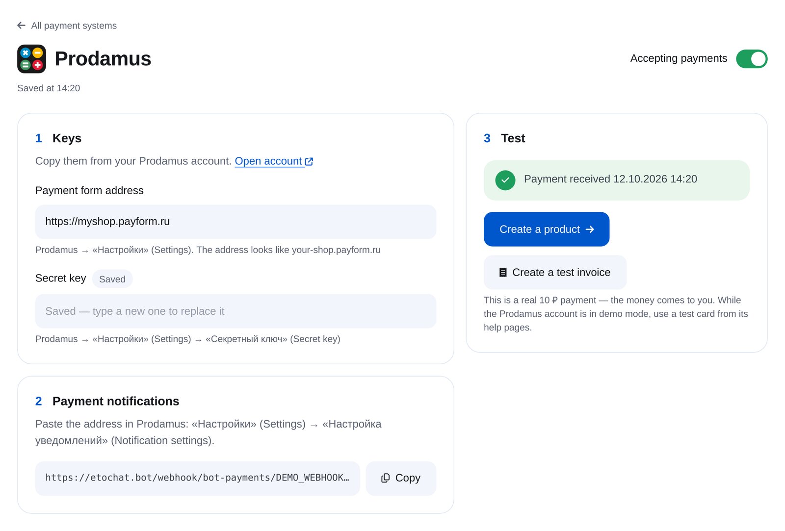 Conexión de Prodamus en ETOCHATBOT: formulario, clave secreta, notificaciones y pago de prueba