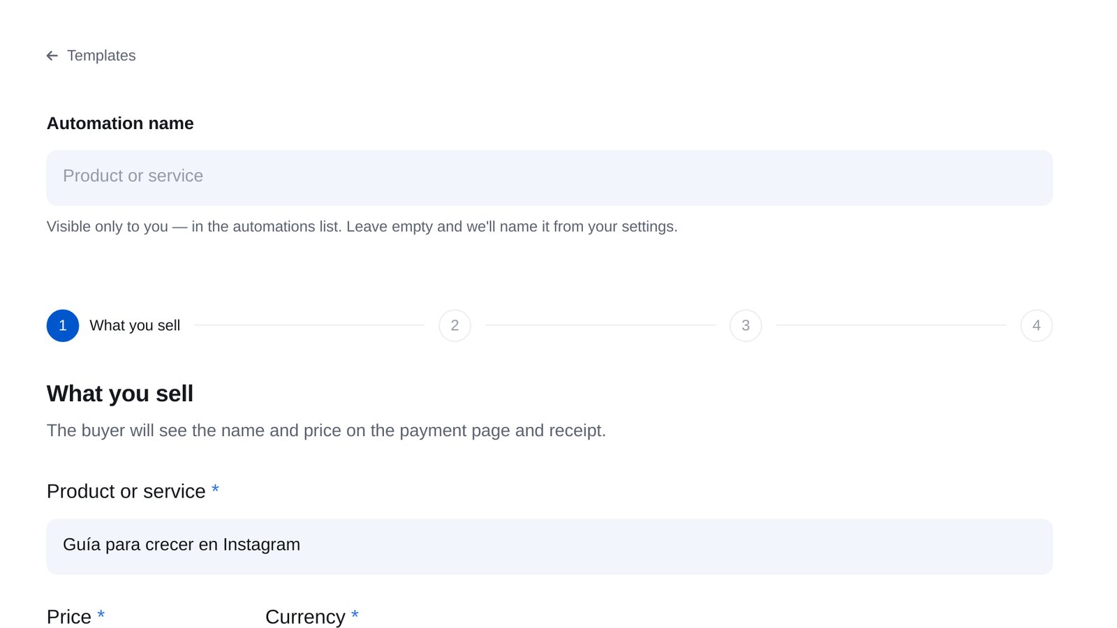 Asistente «Product or service» en ETOCHATBOT: nombre y precio