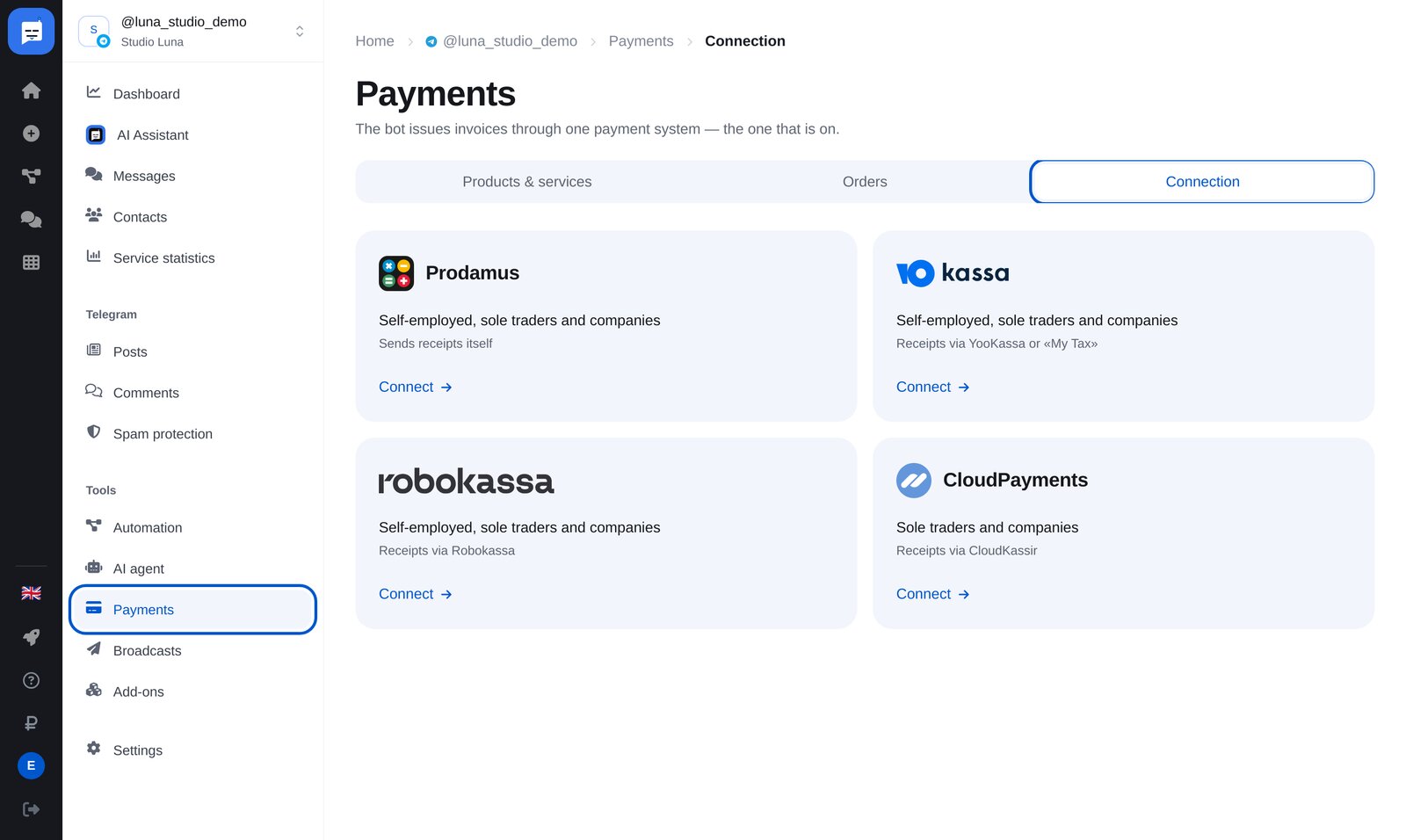 La section « Payments » d’ETOCHATBOT : onglet « Connection » et prestataires de paiement