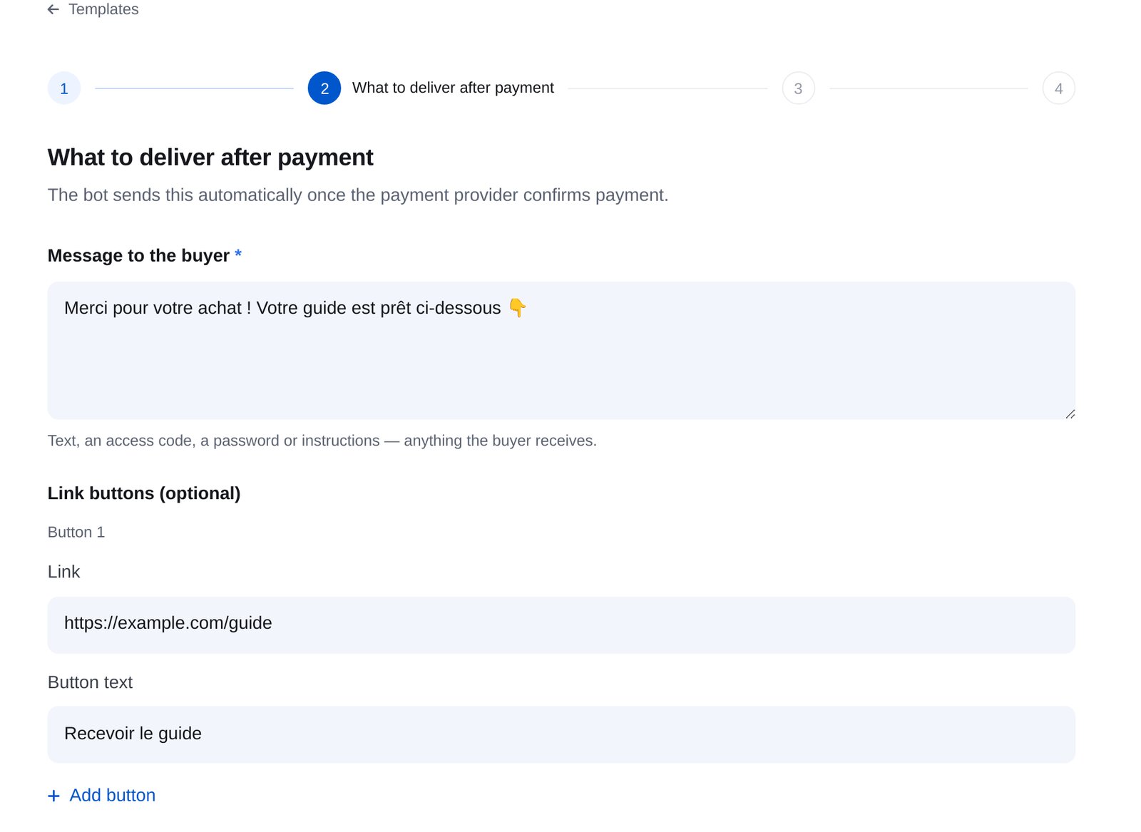 L’assistant « Product or service » : message au client et bouton avec un lien après paiement