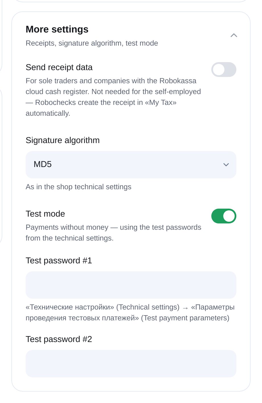 Paramètres supplémentaires Robokassa dans ETOCHATBOT : reçus fiscaux, signature et mode test