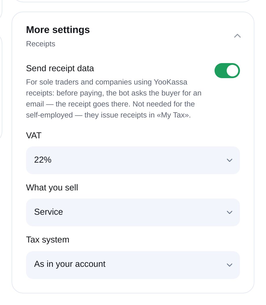 Reçus fiscaux YooKassa dans ETOCHATBOT : TVA, type de vente et régime fiscal