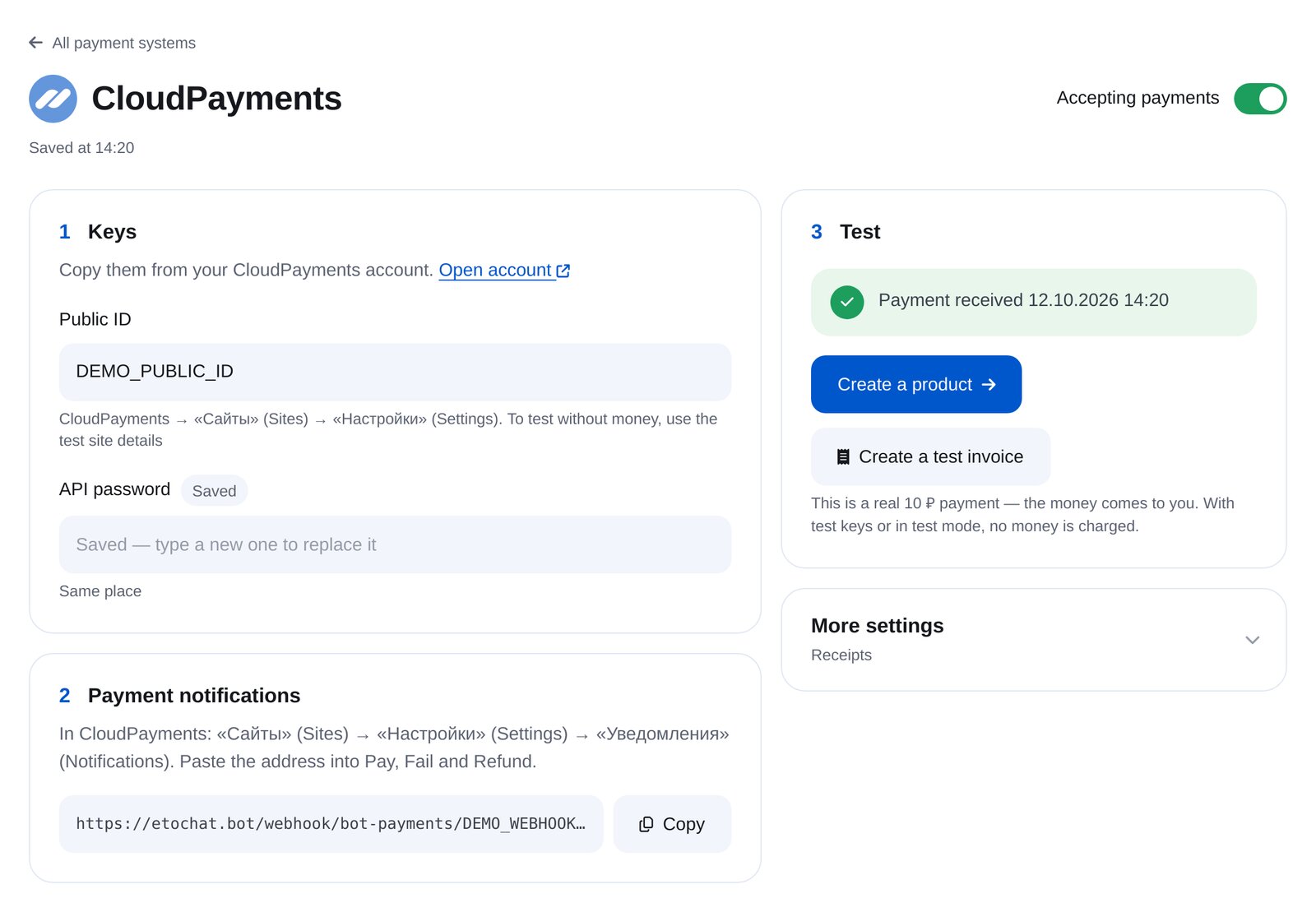 ETOCHATBOT’ta CloudPayments bağlantısı: Public ID, API parolası, bildirim adresi ve test ödemesi