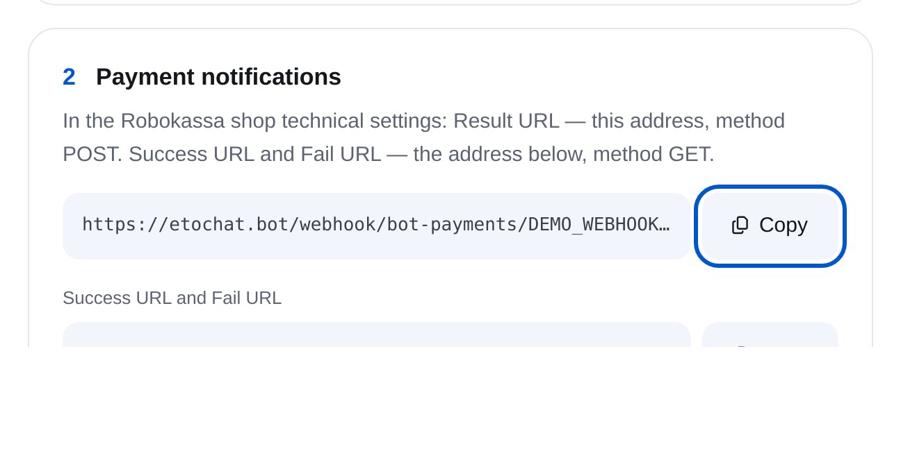 ETOCHATBOT’ta Robokassa için Result URL, Success URL ve Fail URL