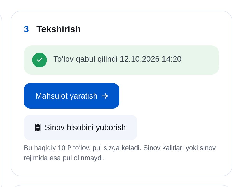ETOCHATBOTda ulanishni tekshirish: 10 rubllik sinov hisobidan soʻng «Toʻlov qabul qilindi — tizim ulandi.» yozuvi