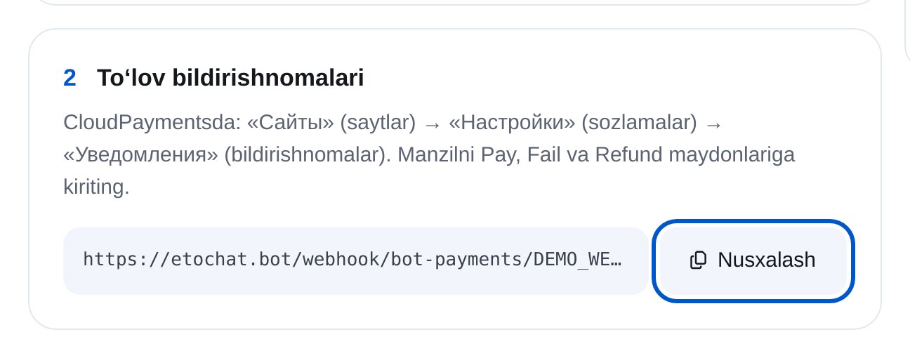 ETOCHATBOT CloudPayments bildirishnoma manzili va «Nusxalash»