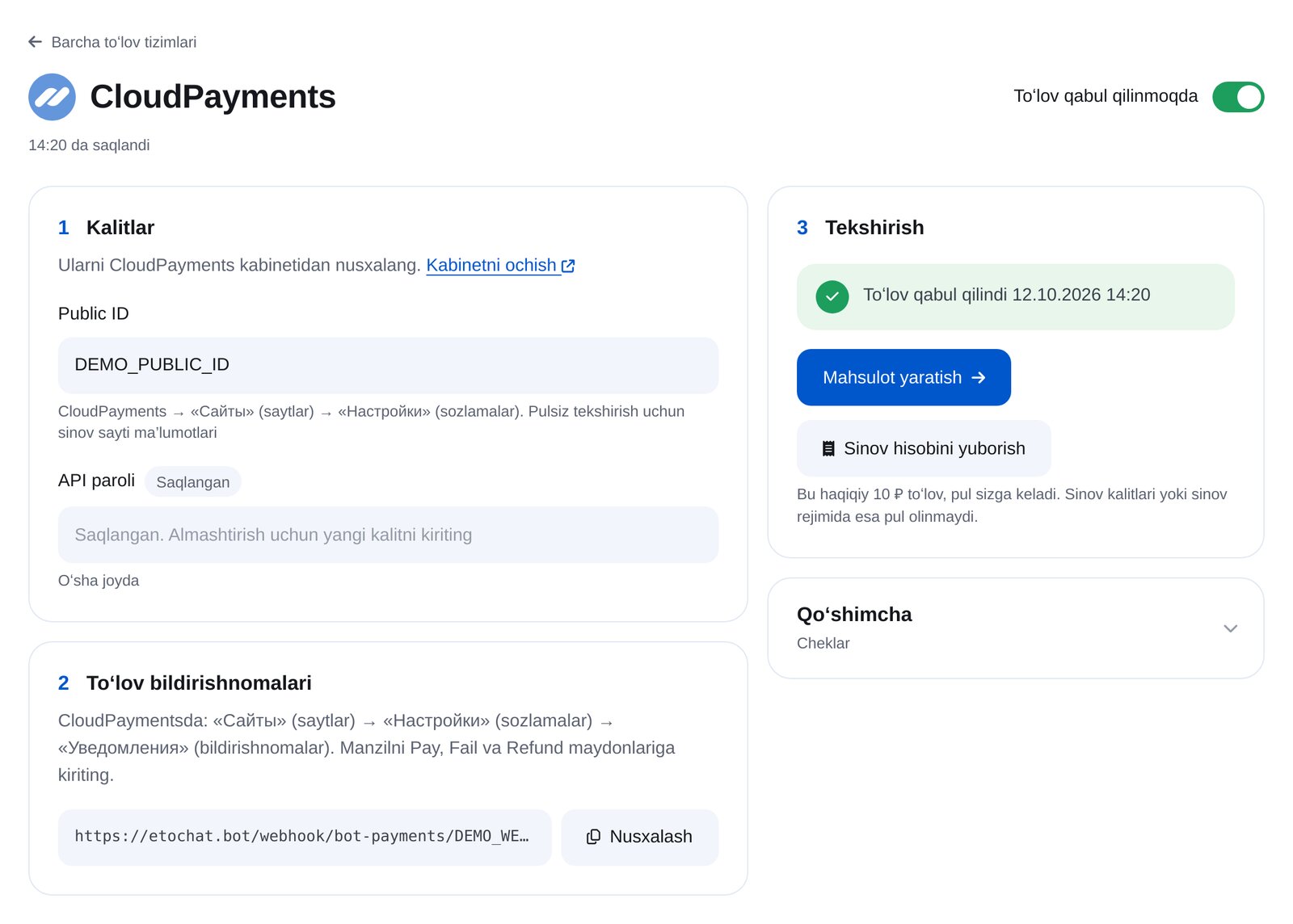 ETOCHATBOT CloudPayments: Public ID, API paroli, bildirishnoma va sinov toʻlovi