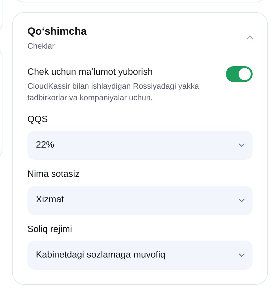 ETOCHATBOT CloudPayments cheklari: QQS, mahsulot va soliq tizimi