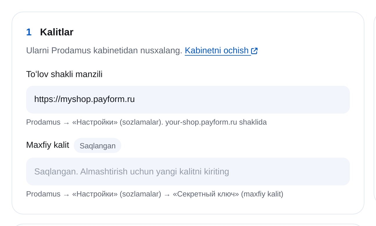 ETOCHATBOT Prodamus kalitlari: toʻlov formasi manzili va maxfiy kalit