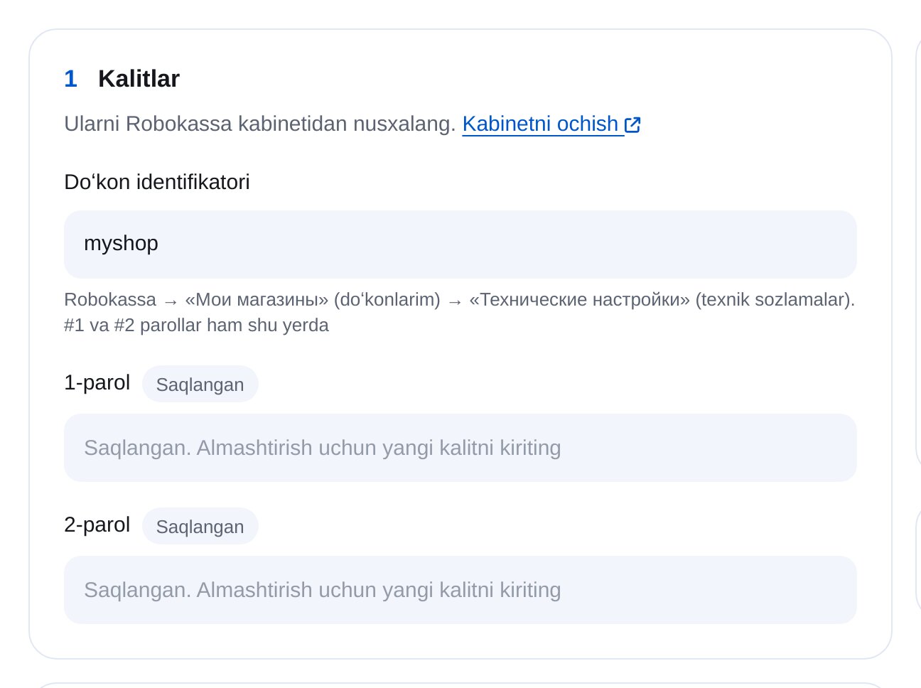 ETOCHATBOT Robokassa: doʻkon IDsi, #1 va #2 parollari