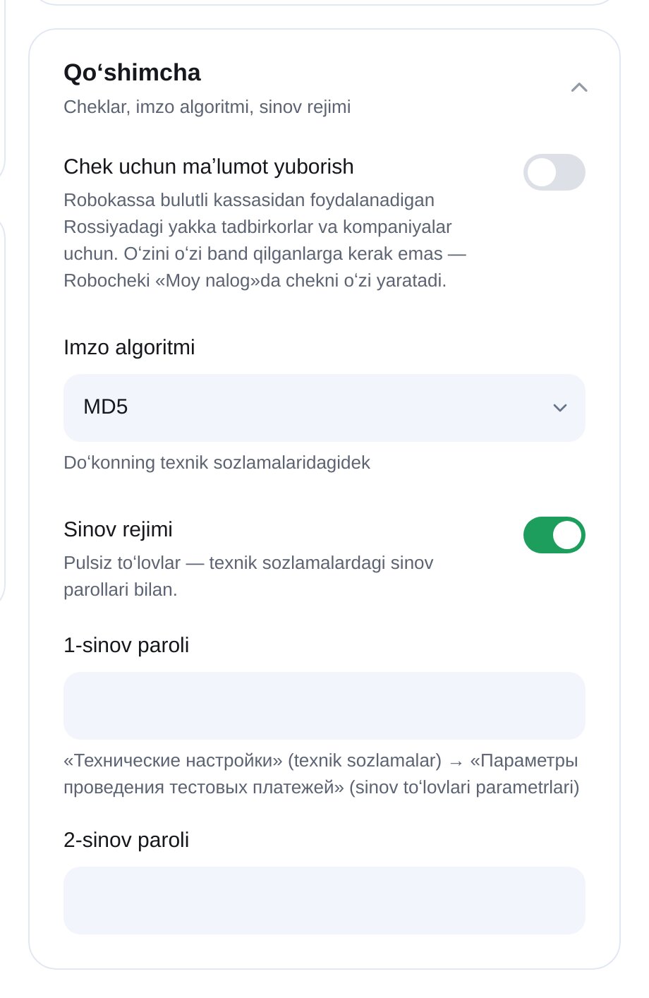ETOCHATBOT Robokassa qoʻshimcha sozlamalari: chek, imzo algoritmi va sinov