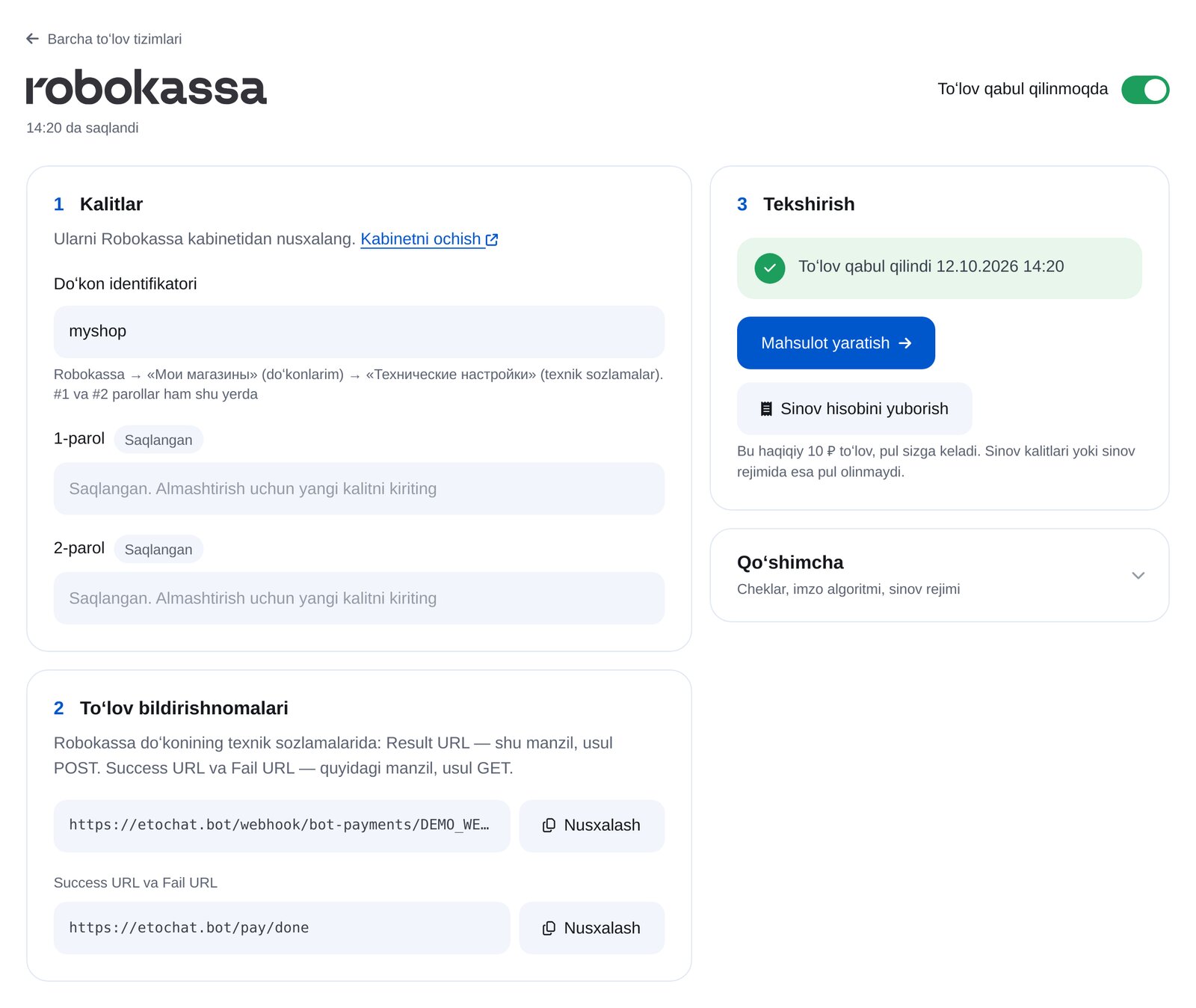 ETOCHATBOT Robokassa: doʻkon IDsi, parollar, bildirishnoma va sinov toʻlovi