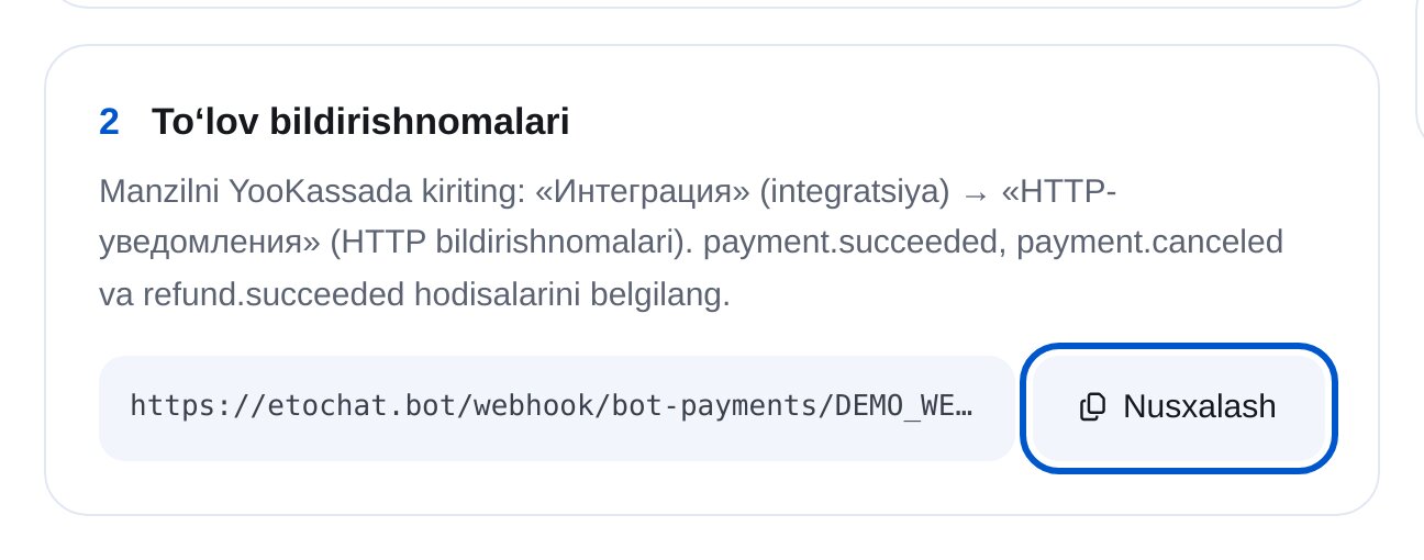 ETOCHATBOT YooKassa HTTP-bildirishnoma manzili va «Nusxalash»