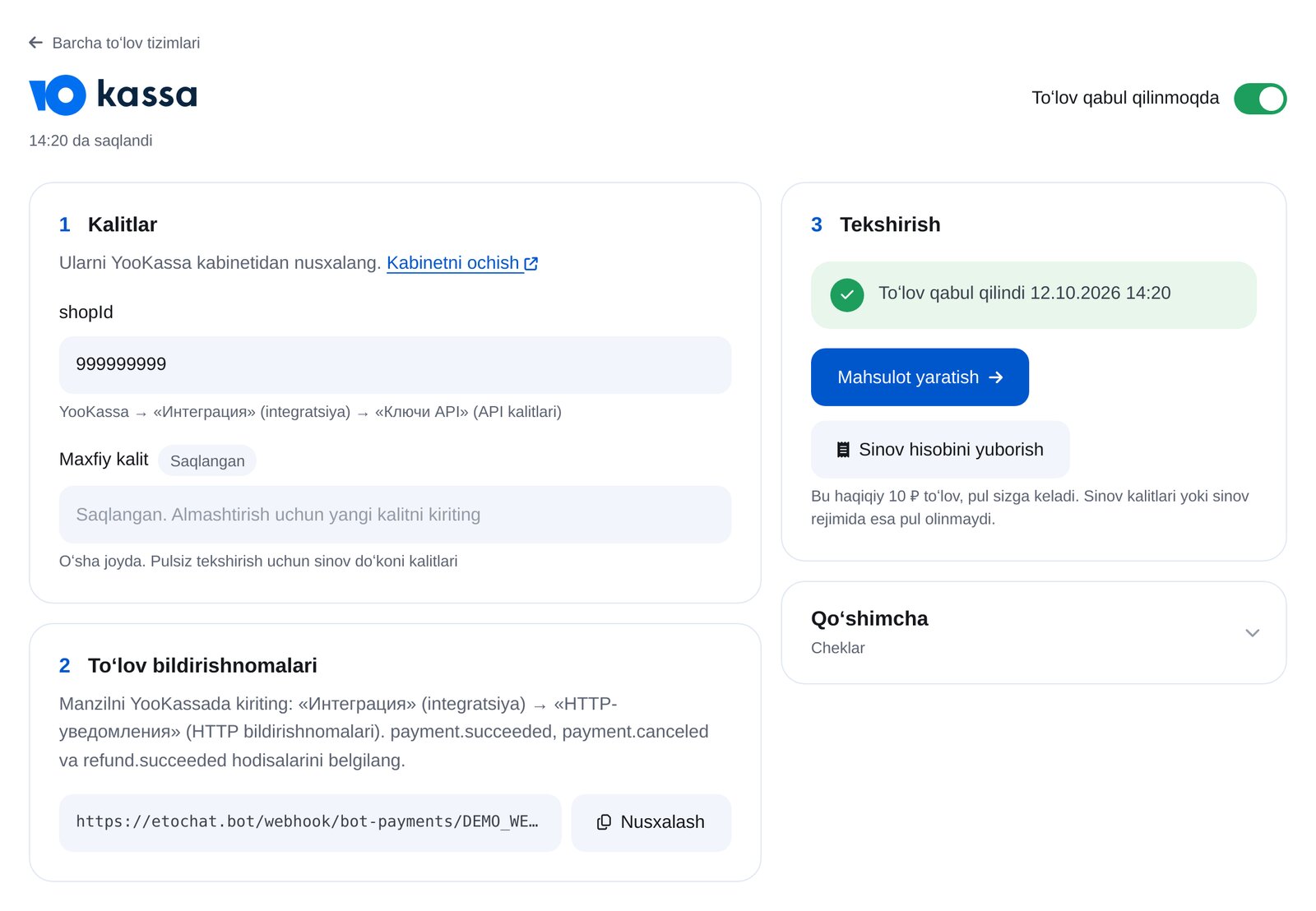 ETOCHATBOT YooKassa ulanishi: shopId, kalit, bildirishnoma va sinov toʻlovi