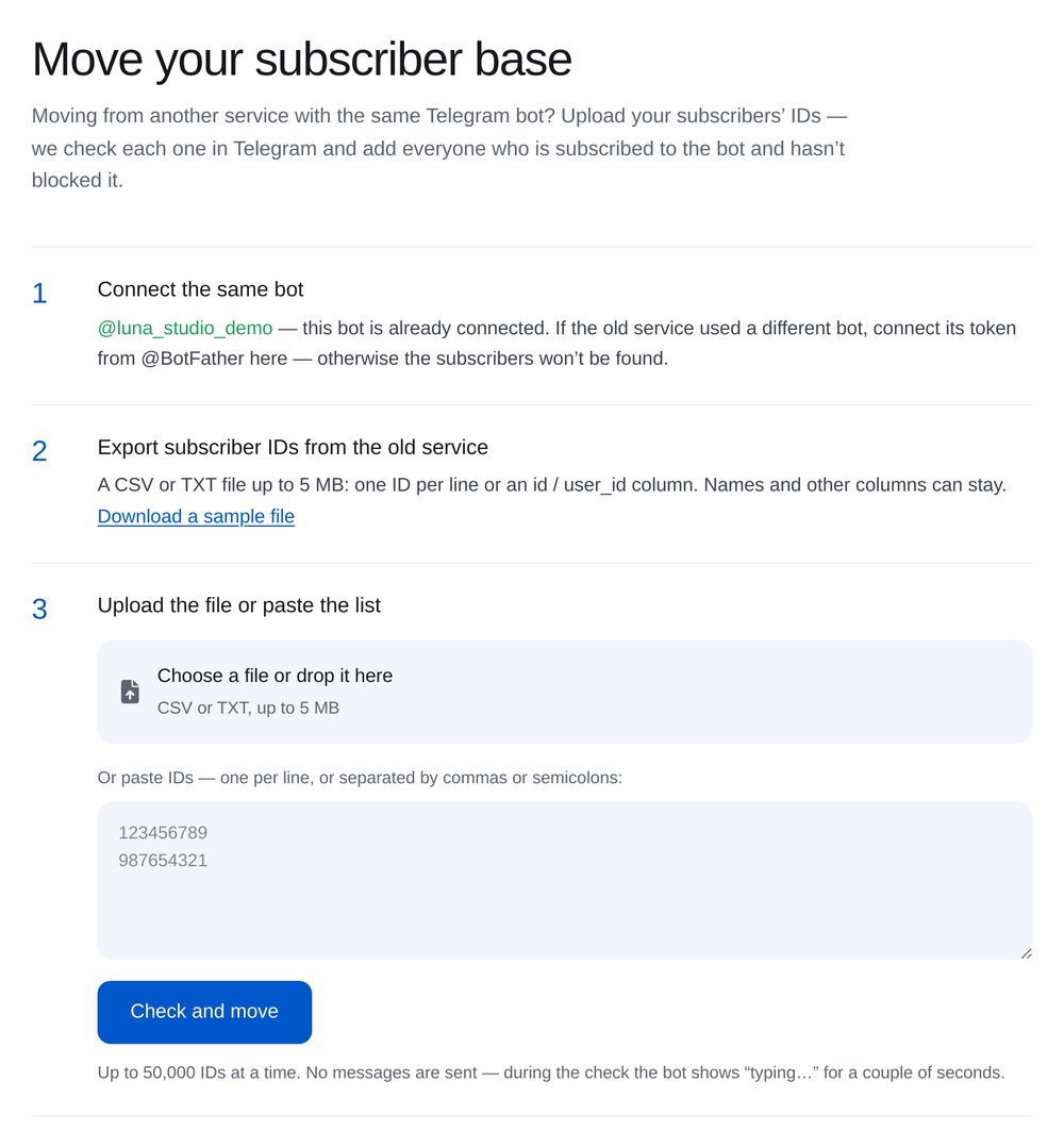 „Move your subscriber base“: CSV- oder TXT-Datei hochladen und Feld für eine Liste von IDs