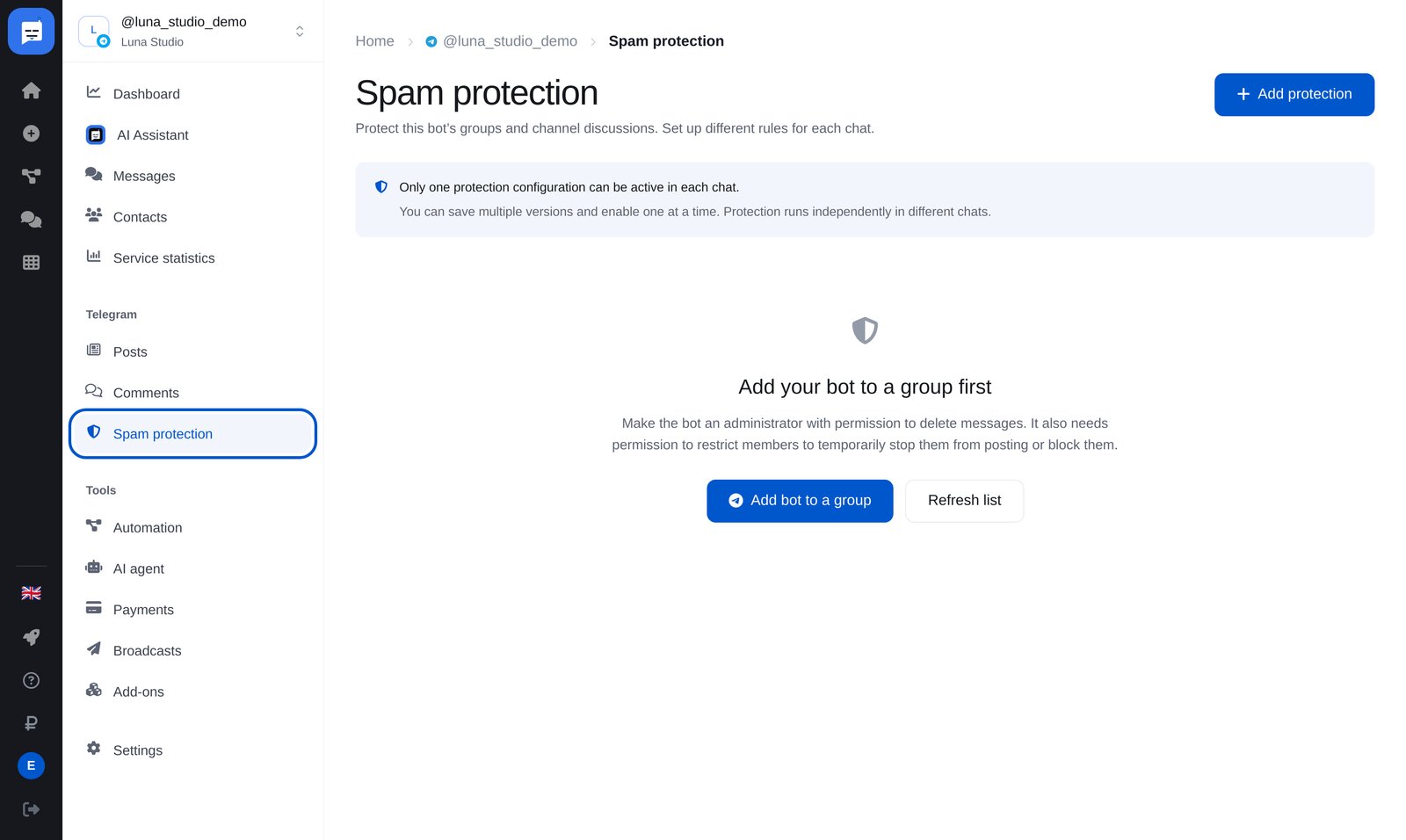 „Spam protection“ im ETOCHATBOT-Konto: Menüpunkt und Schaltfläche „Add protection“