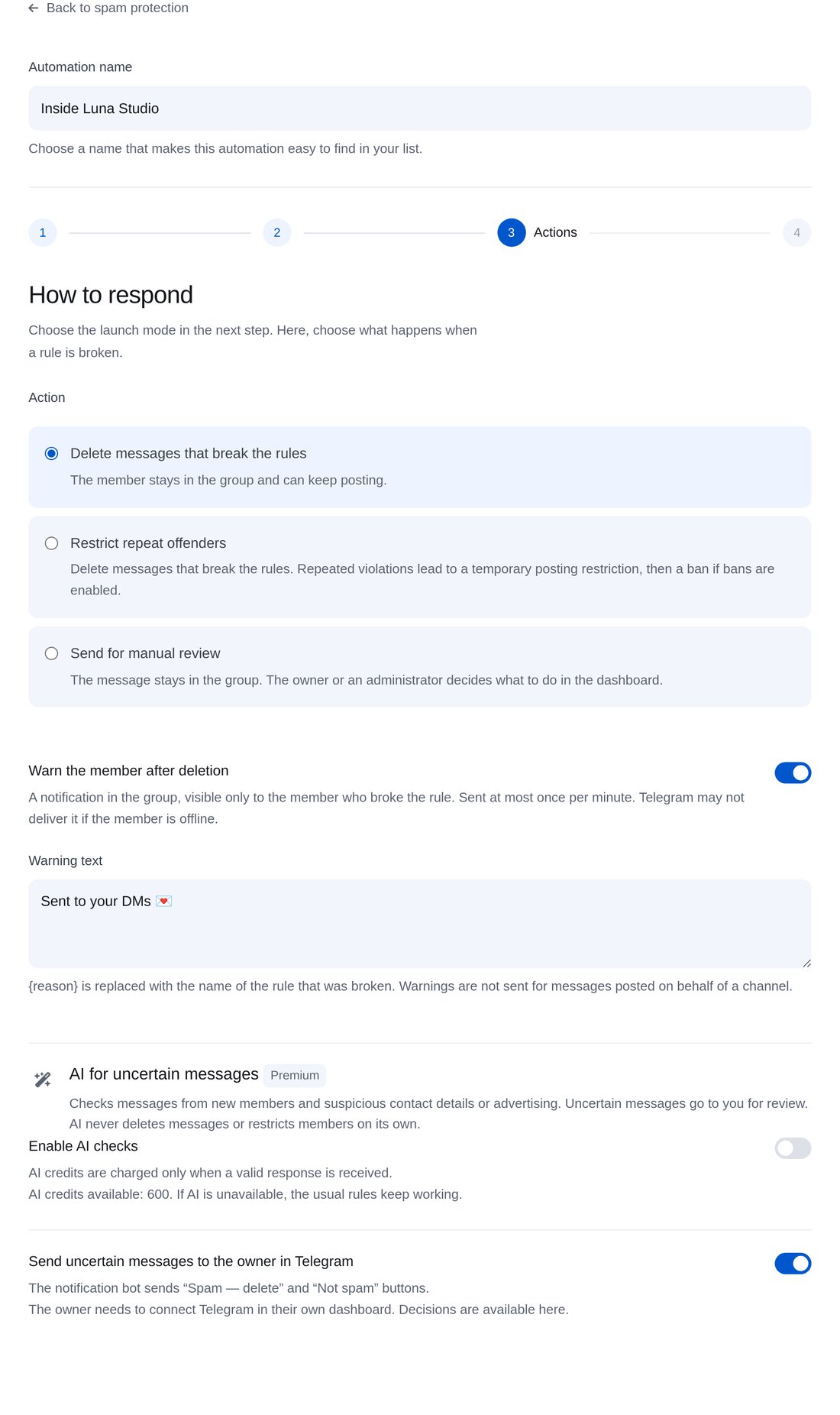 Aktion auswählen – Einrichtung in ETOCHATBOT