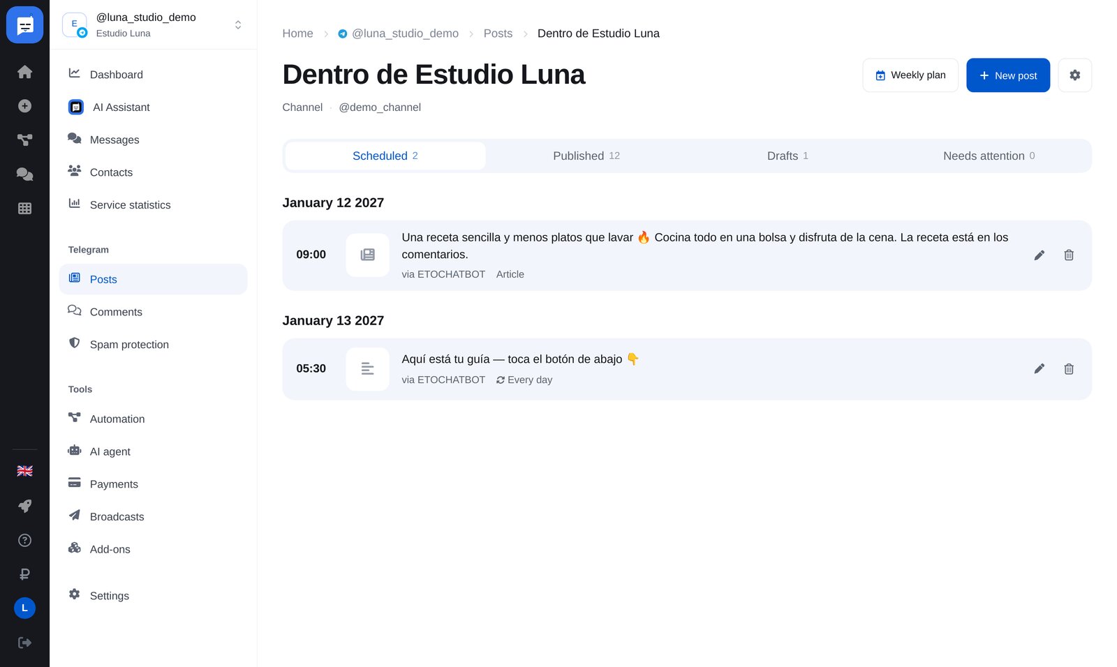 Página del canal en «Posts»: menú de ajustes y «Channel style»