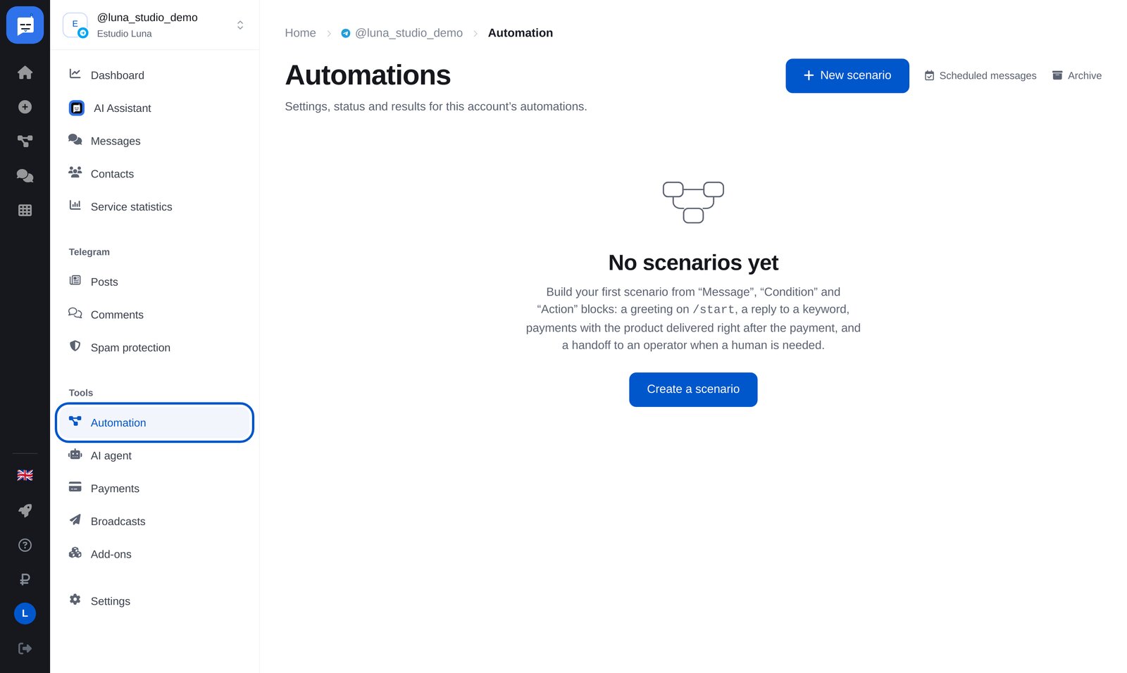 «Automatización» en ETOCHATBOT: menú y botón «Nuevo flujo»