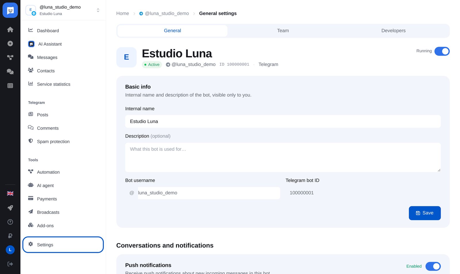 Ajustes del bot en ETOCHATBOT: «El bot en tu chat personal», instrucciones y estado de conexión