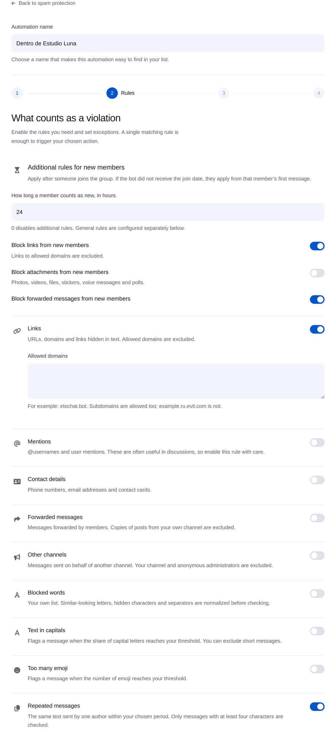 Configuración de reglas en ETOCHATBOT