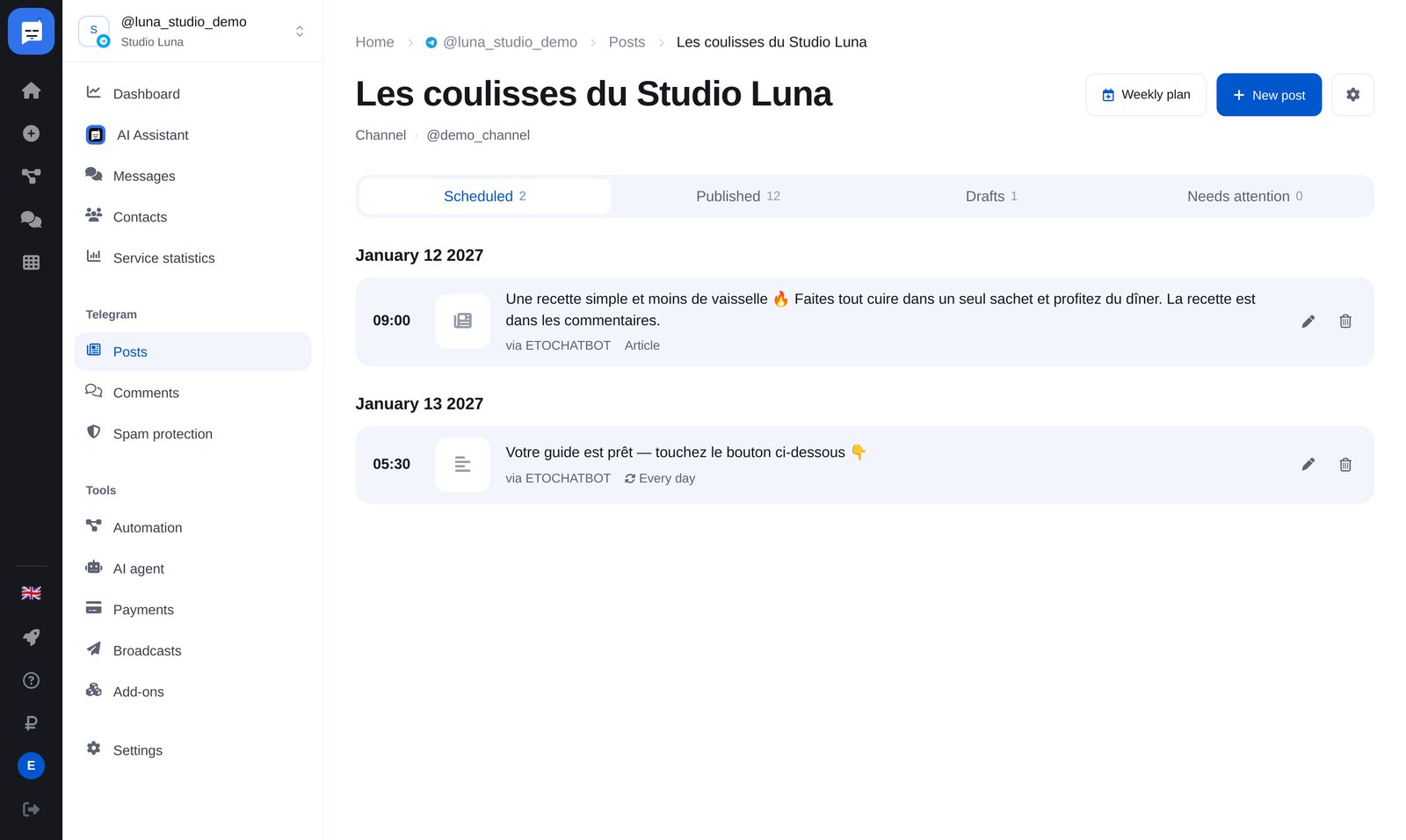Page de la chaîne dans « Posts » : paramètres et entrée « Channel style »