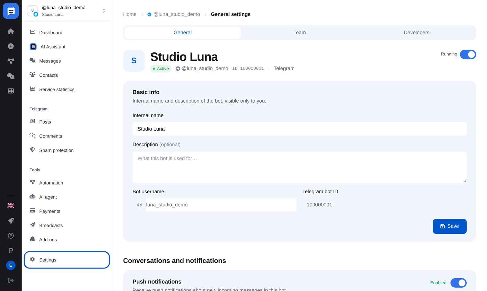 Paramètres du bot ETOCHATBOT : bloc « The bot in your private chats », instructions et état de la connexion