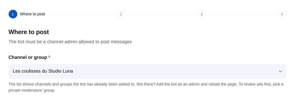Assistant « Ad submissions to your channel », étape « Where to post » : choix d’une chaîne ou d’un groupe