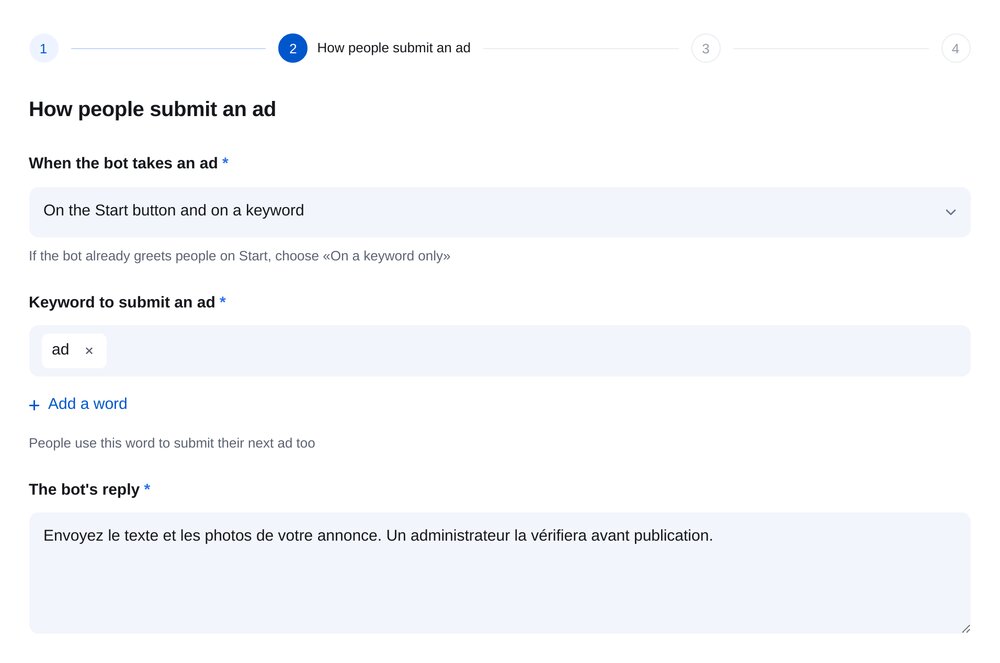 Étape de dépôt d’annonce : bouton de démarrage, mot « annonce » et réponse du bot