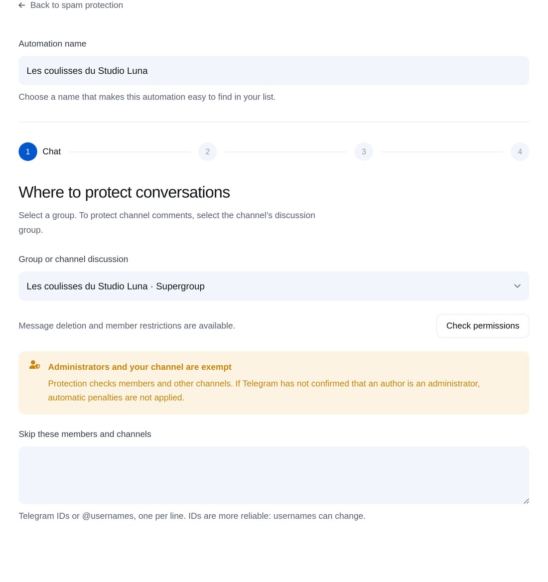 Choisir le groupe — écran de configuration dans ETOCHATBOT