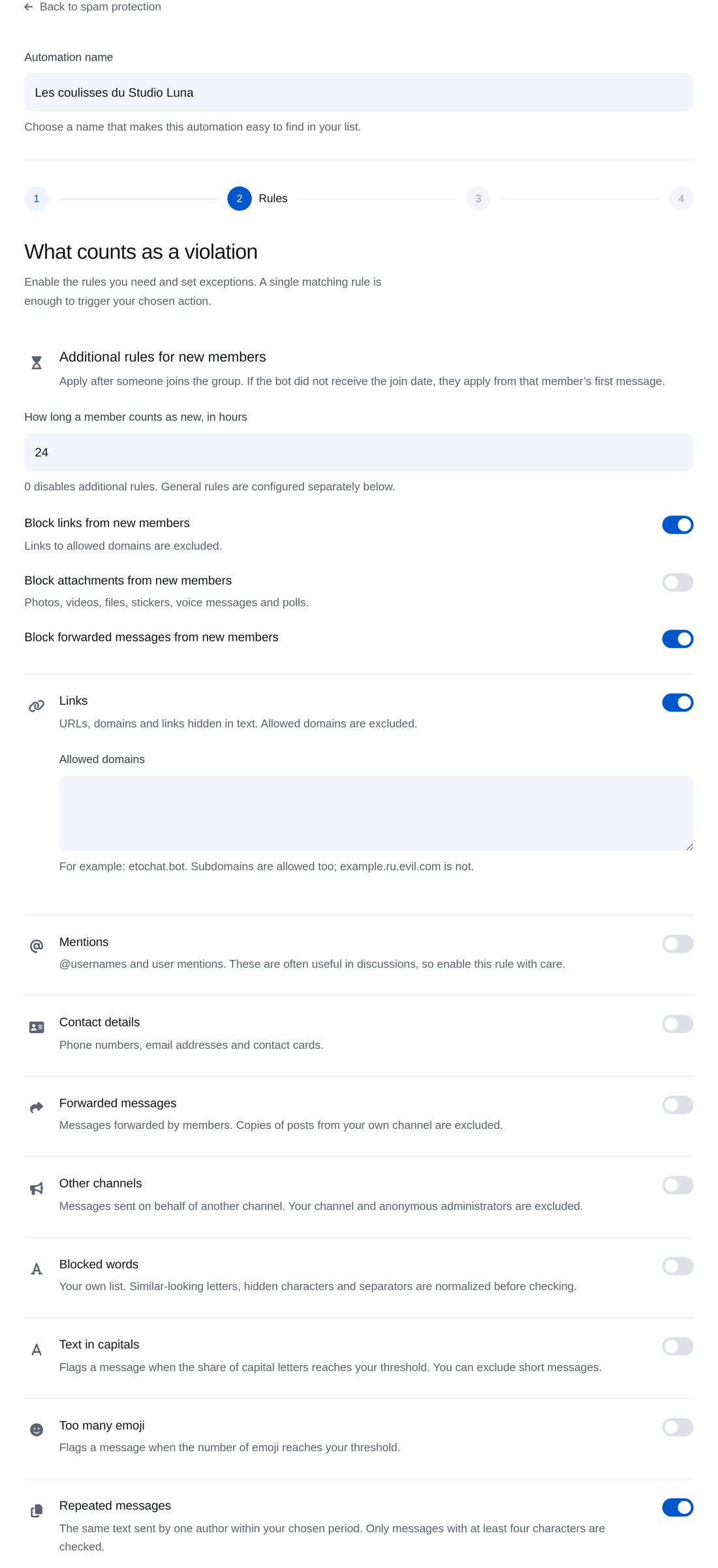 Définir les règles — écran de configuration dans ETOCHATBOT