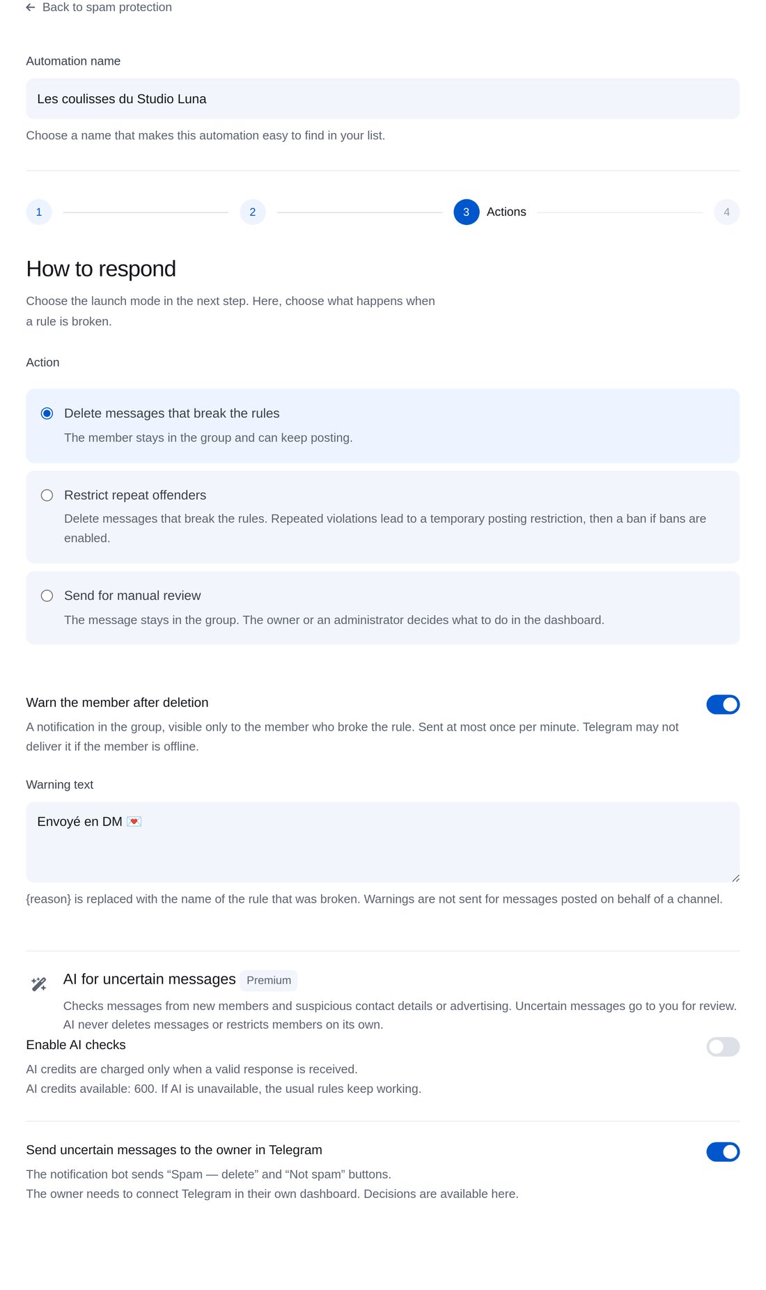 Choisir l’action — écran de configuration dans ETOCHATBOT