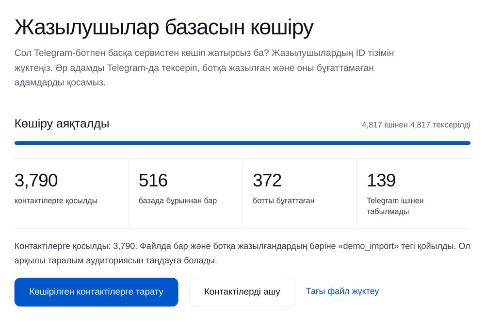 База көшіру нәтижесінің мысалы: контактіге қосылған, бұрын базада болған, ботты бұғаттаған, Telegram-да табылмаған
