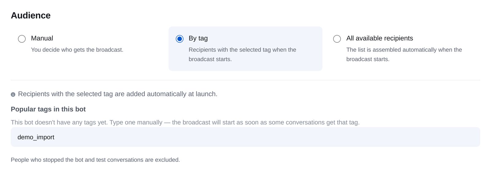 ETOCHATBOT yeni toplu mesaj ekranı: “By tag” kitlesi ve “moved” etiketi