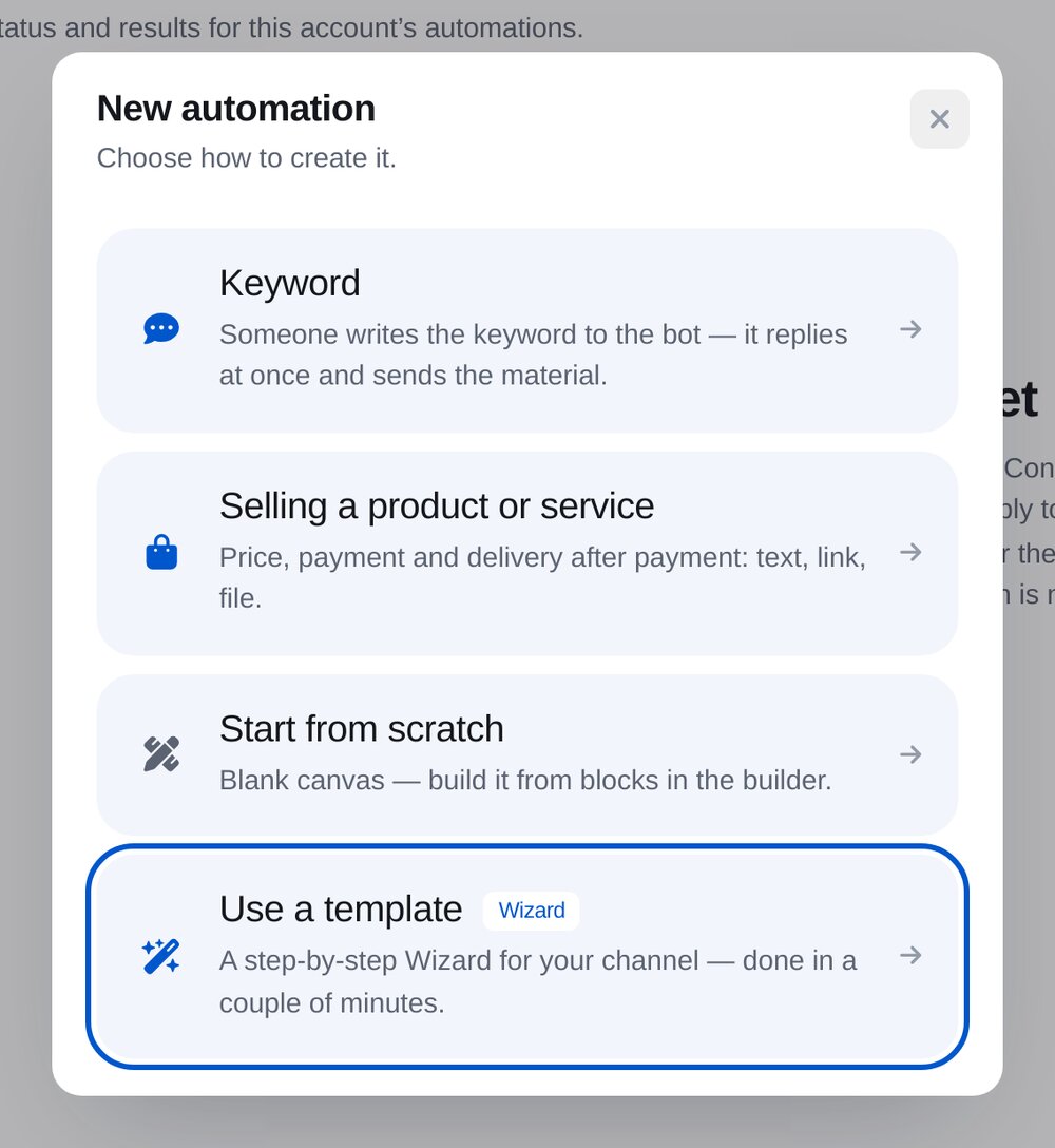 “New automation” penceresi: anahtar kelime, ürün ödemesi, sıfırdan oluşturma ve hazır şablon