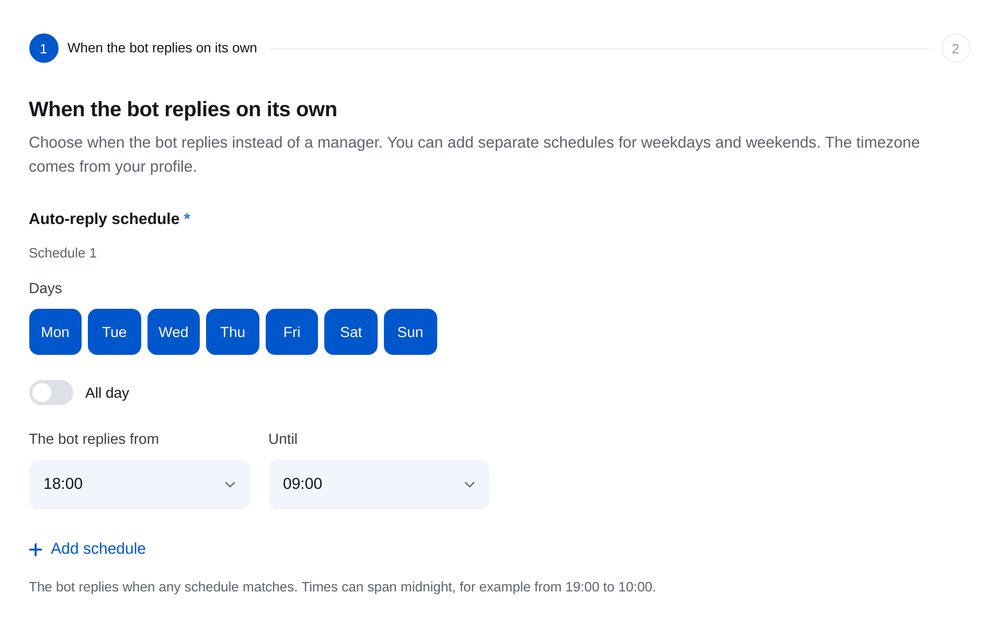 «After-hours auto-reply» sihirbazı: botun yanıt verdiği günler ve saatler